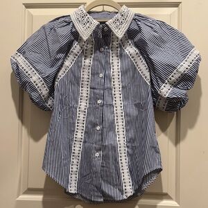 Blue and White Striped Blouse with Lace Trim
Lovely Bubble sleeves